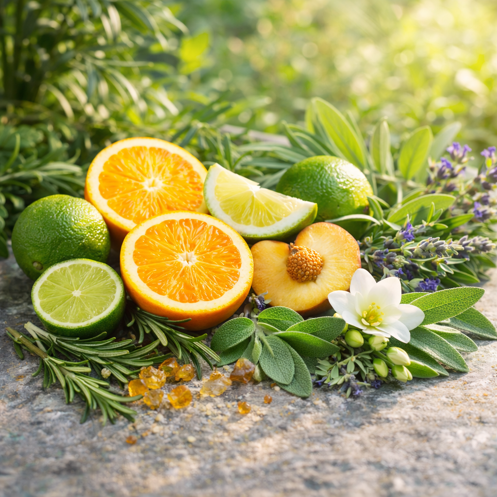 Citrus fruits, limes, sage, and flowers on a stone surface with greenery in the background