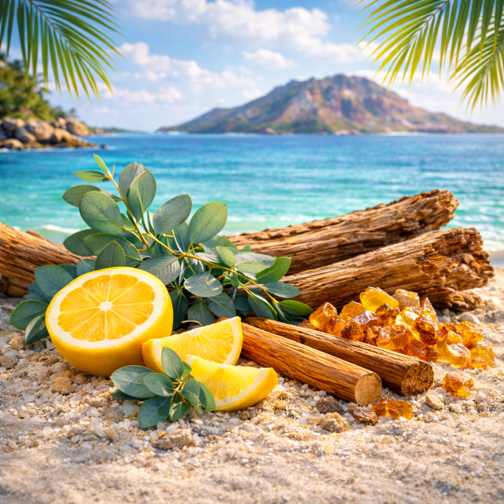 Lemons, cinnamon sticks, and amber on a beach with palm leaves and a mountain in the background.