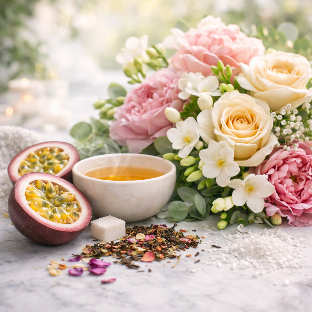Tea with flowers and passion fruit on a marble surface