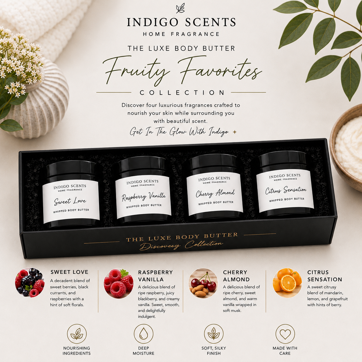 Indigo Scents body butter set with product names and scents on a light background