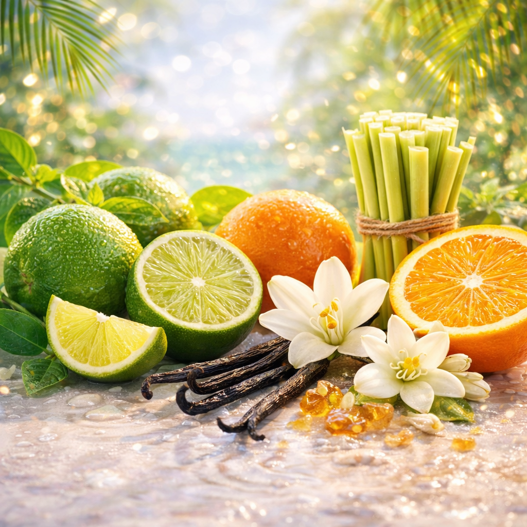 Citrus fruits, vanilla beans, and flowers on a reflective surface with a blurred natural background