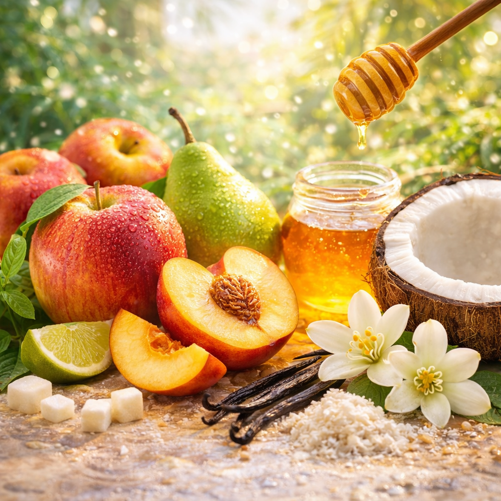 Fruits, flowers, and a jar of honey with a honey dipper on a wooden surface.