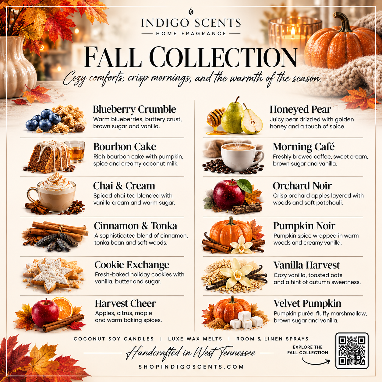 A promotional collage for the Indigo Scents Fall Collection, featuring a grid of seasonal fragrance and candle scent names like Blueberry Crumble, Bourbon Cake, and Orchard Noir, surrounded by autumn-themed illustrations including pumpkins, leaves, and spices.