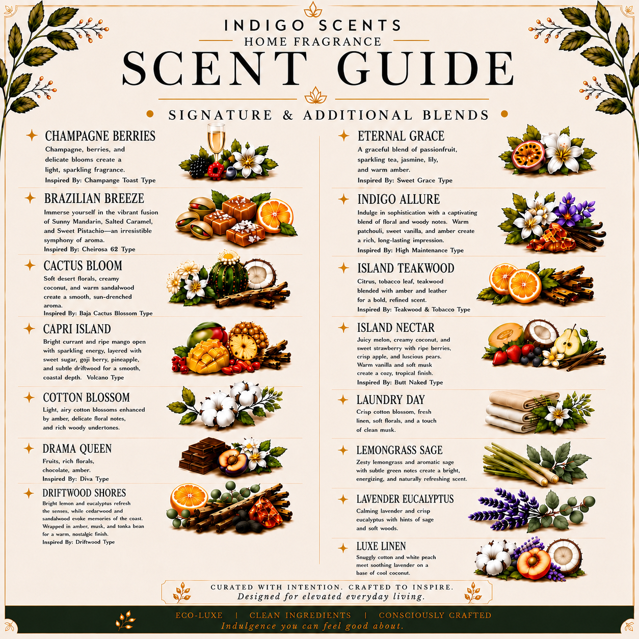 A decorative scent guide poster titled 'INDIGO SCENTS HOME FRAGRANCE SCENT GUIDE' with illustrated botanical borders and multiple fragrance blends, each paired with corresponding scent notes and ingredient illustrations.
