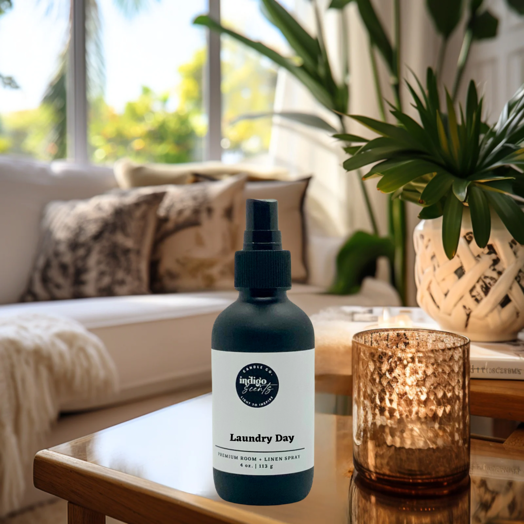 Indigo Scents laundry Day Room Spray. An invigorating blend of cotton blossom, lemon, linen, and soft florals evokes the crisp, fresh feeling of freshly laundered linens.