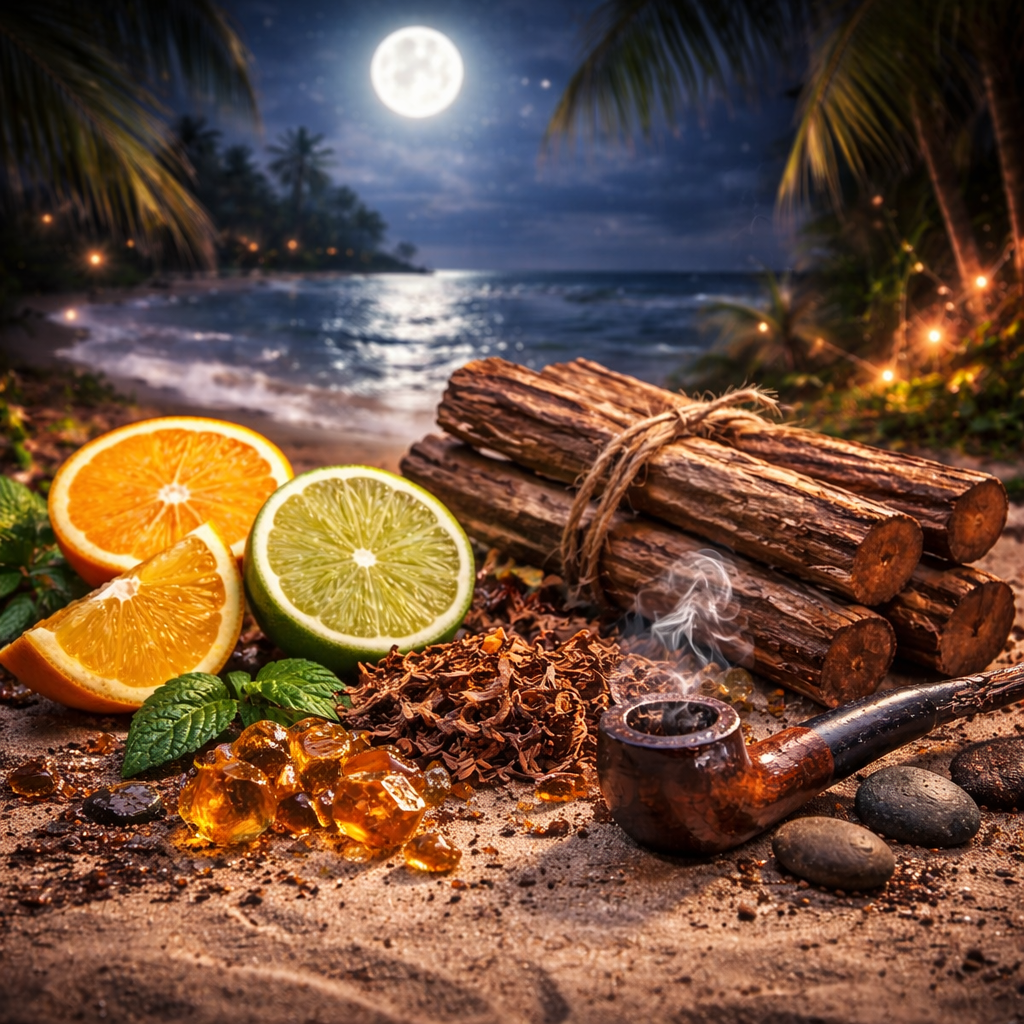 Tobacco leaves, oranges, limes, and a smoking pipe on a beach at night with palm trees and a full moon.
