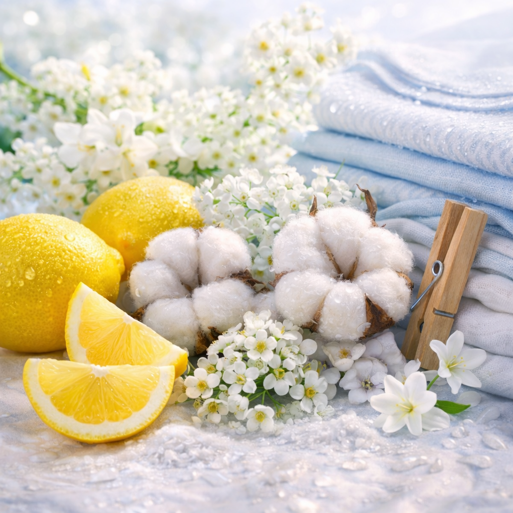 Cotton balls, lemons, folded linen and flowers on a light background
