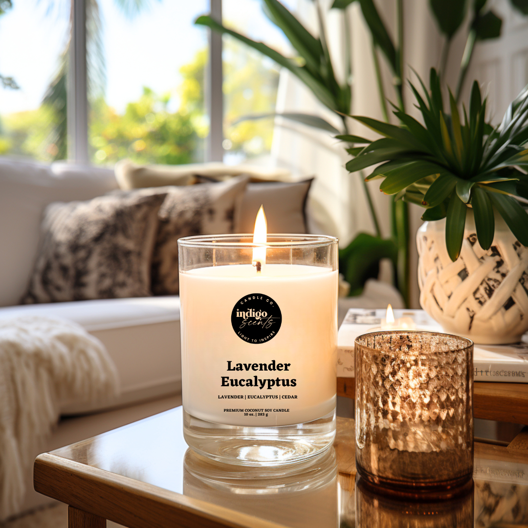 Lavender Eucalyptus scented candle in a clear jar