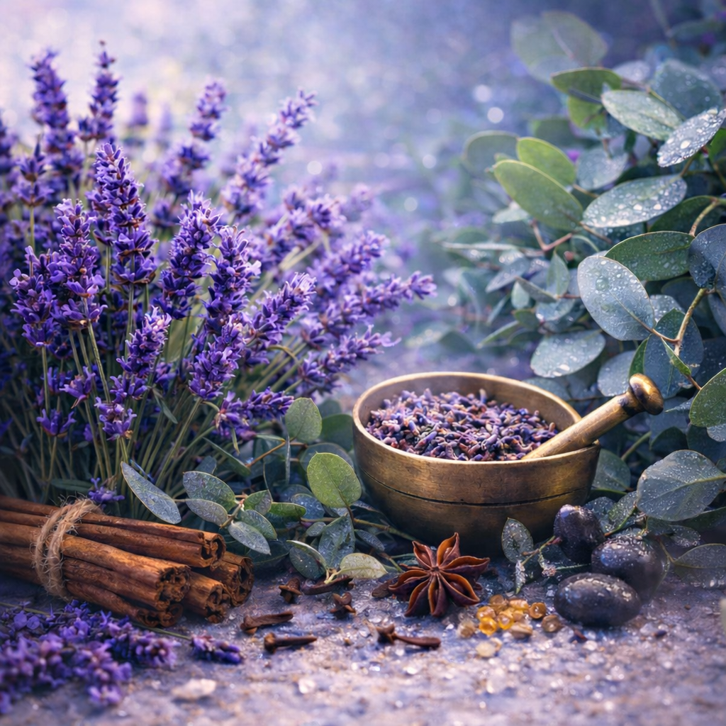 Lavender flowers with a mortar and pestle, cinnamon sticks, and other herbs on a textured surface.
