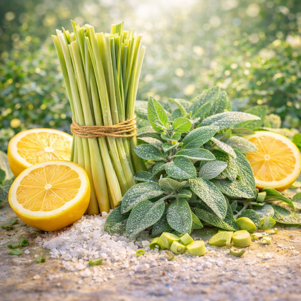 Bunch of green herbs, lemon slices, and salt on a natural background