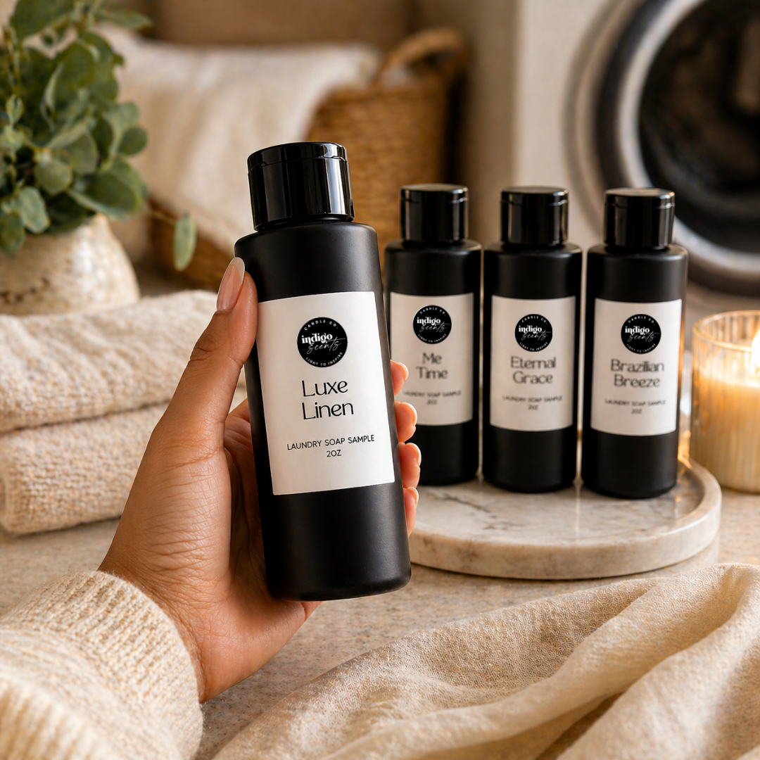 Hand holding a bottle of 'Luxe Linen' soap with other similar bottles on a marble tray.