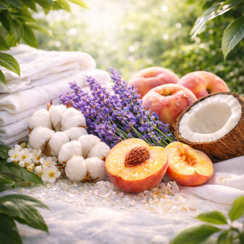 Peaches, coconut, lavender, and cotton on a white fabric with greenery in the background