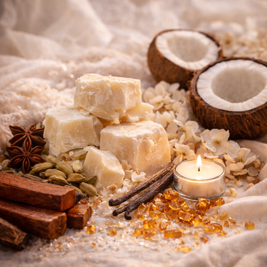 Coconut pieces, cocoa butter, vanilla, amber, spices, wood, and a candle on a textured surface