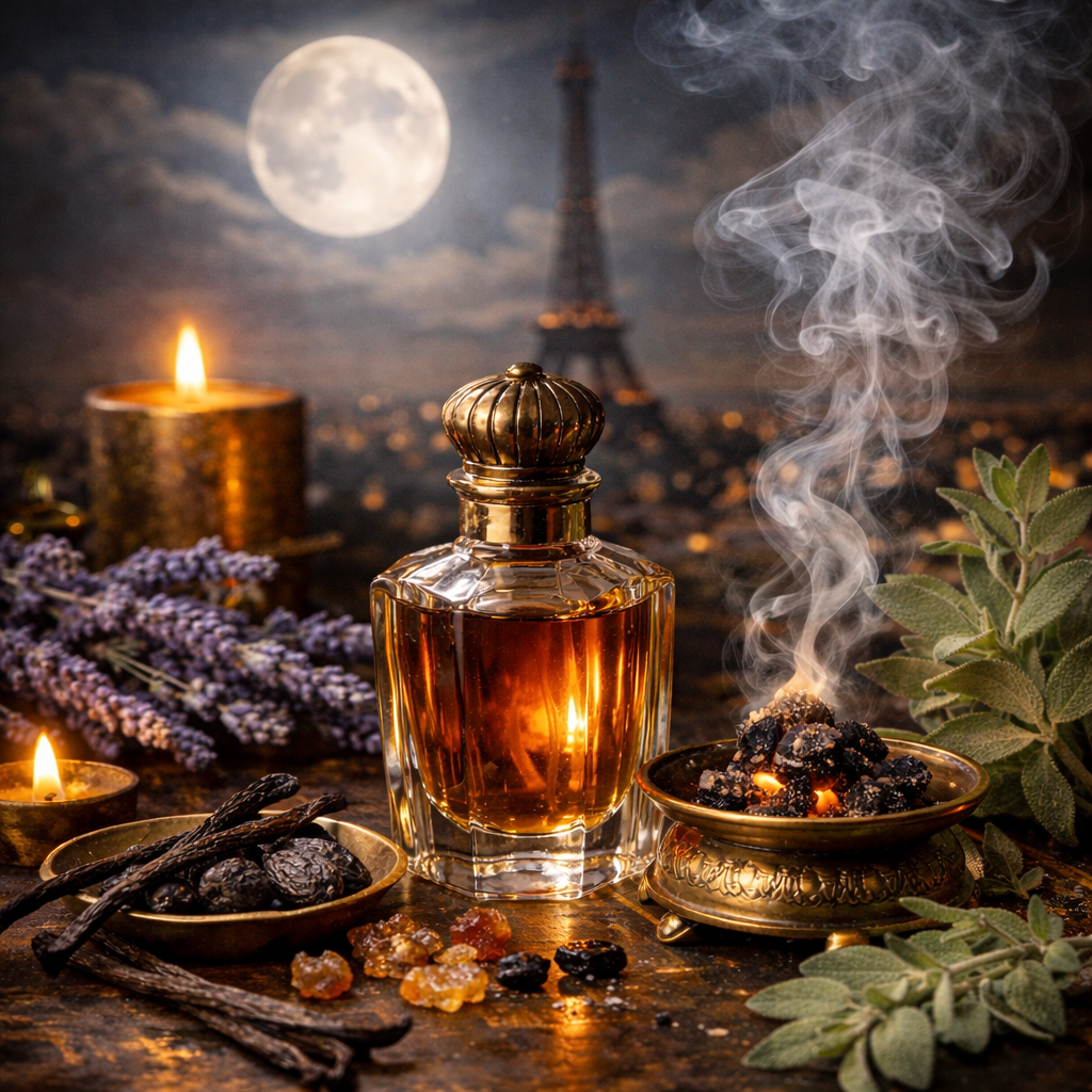 Perfume bottle with smoking incense, lavender, vanilla beans, and ambergris against a moonlit Parisian backdrop.