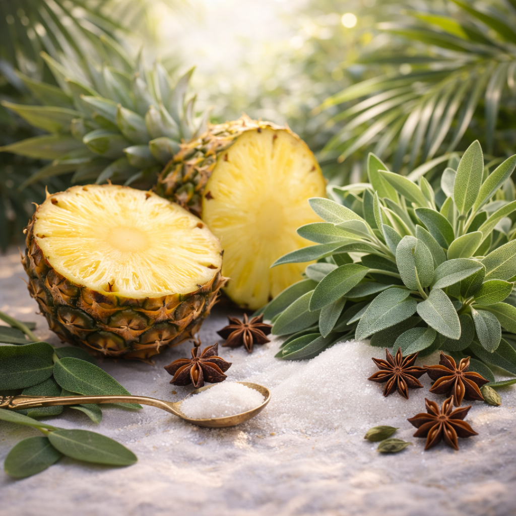 Pineapples, star anise, and a spoon with salt on a surface with green leaves in the background