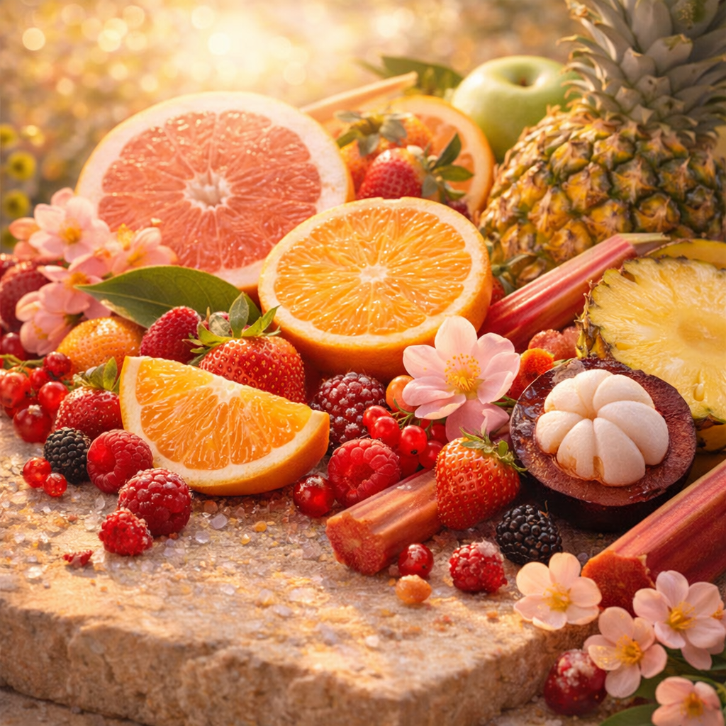 Assorted fruits and flowers on a stone surface with a warm glow