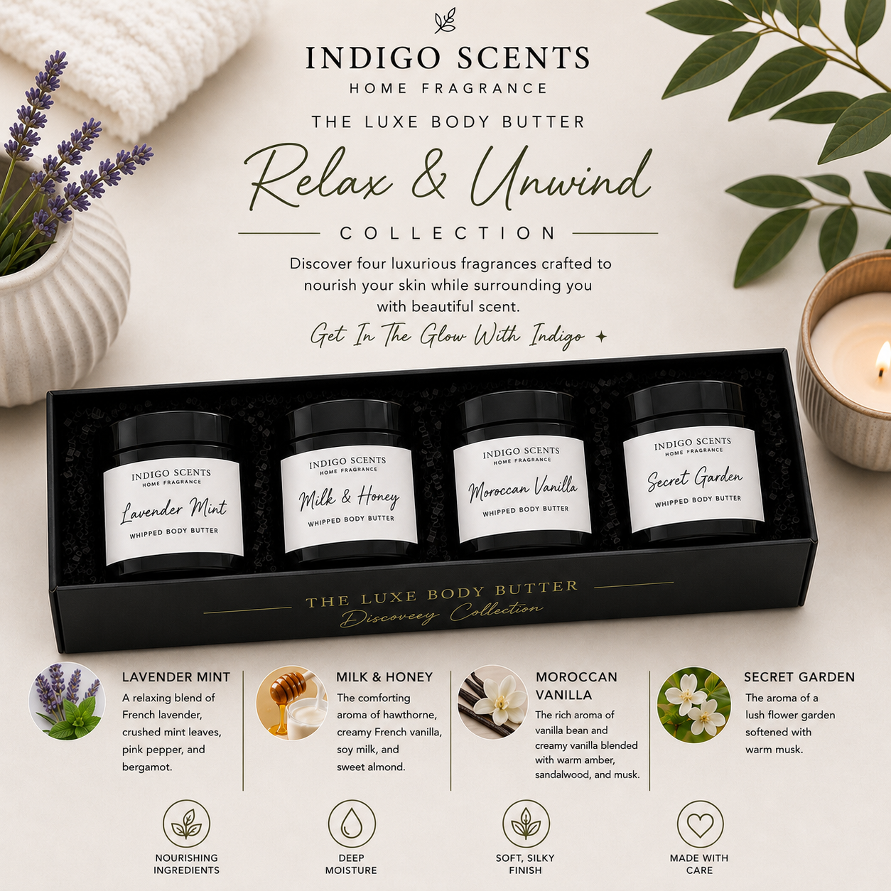Indigo Scents body butter set with product names and scents on a light background