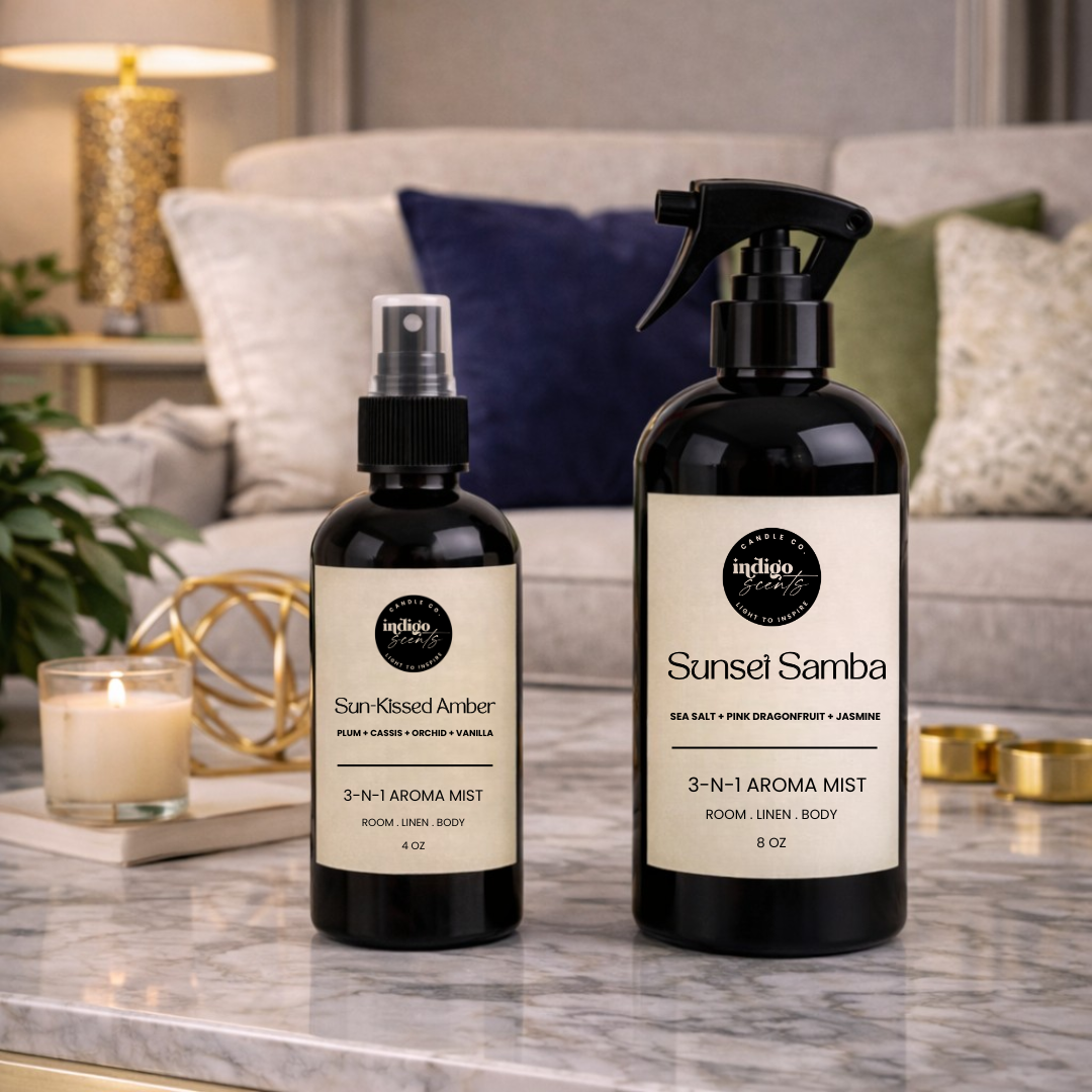 Two bottles of 'Indigo' brand products on a marble surface with a living room background.
