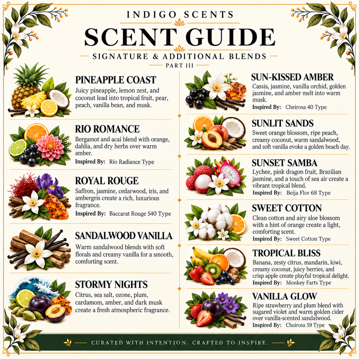 A branded scent guide infographic for Indigo Scents, Part III, featuring six fragrance notes with illustrations of citrus fruits, flowers, and leaves. The notes include Pineapple Coast, Sun-Kissed Amber, Rio Romance, Royal Rouge, Sandalwood Vanilla, and Tropical Bliss, each with scent descriptions, inspiration notes, and type labels.