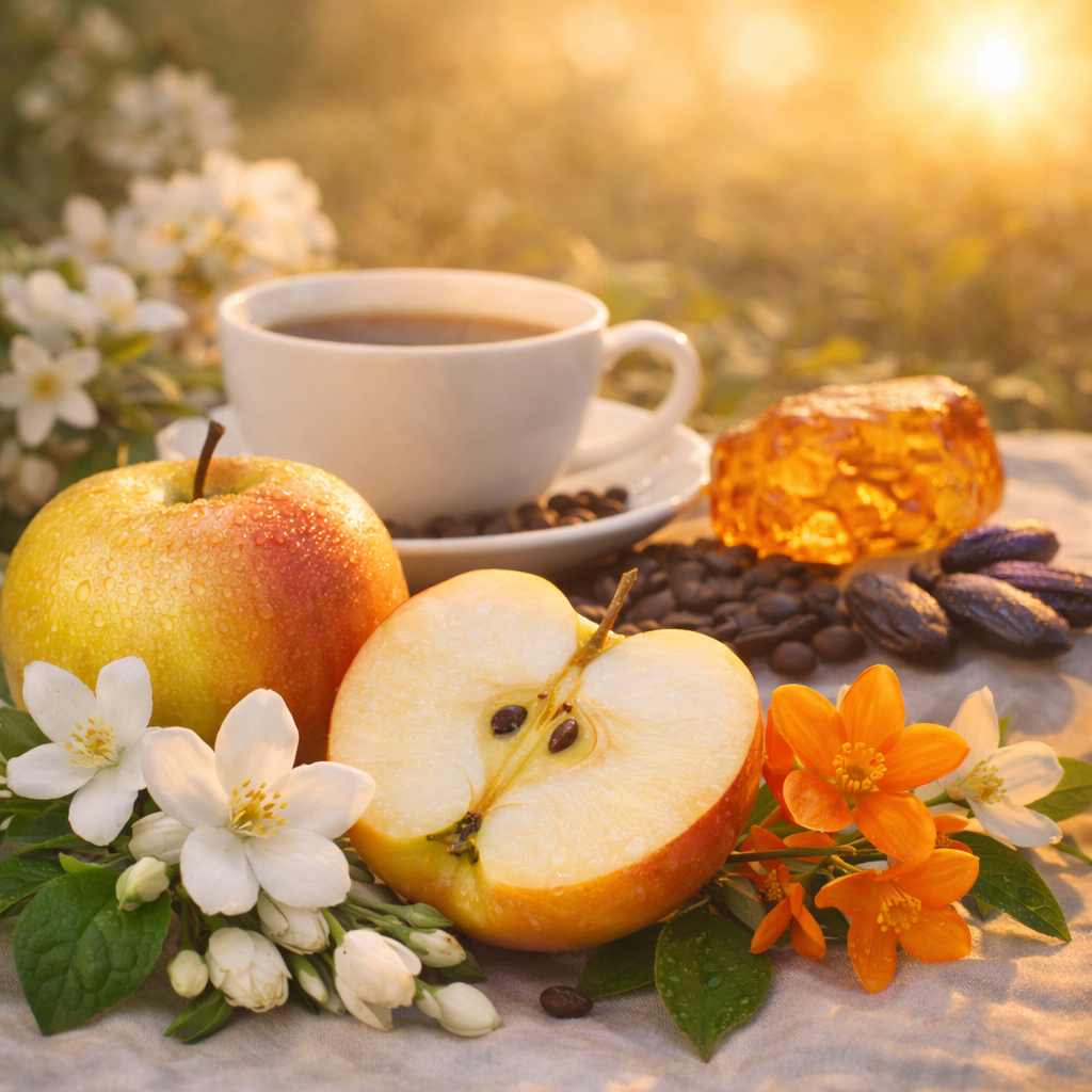 Cup of coffee with apples, flowers, and honeycomb on a wooden surface.