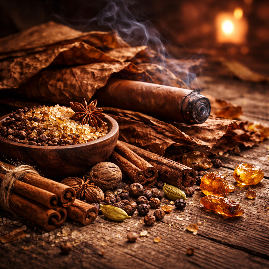 Spices and herbs on a wooden surface with a candle in the background