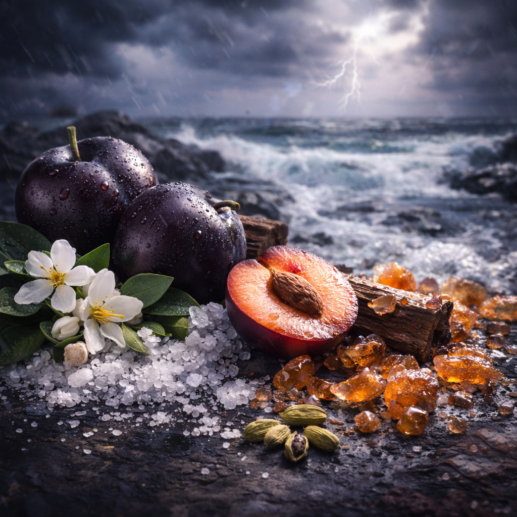 plums, amber, sea salt, cardamom, on sea shore at night during a storm