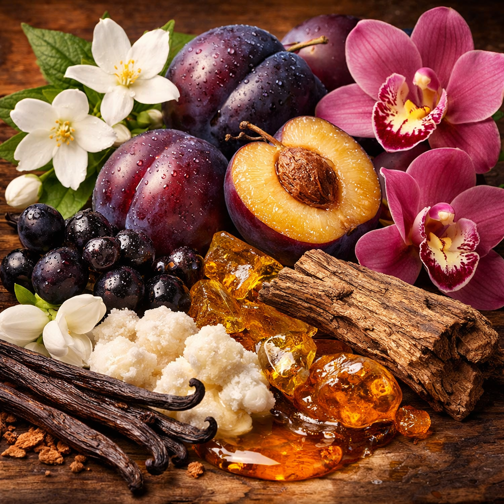 Assorted fruits, flowers, and spices on a wooden surface