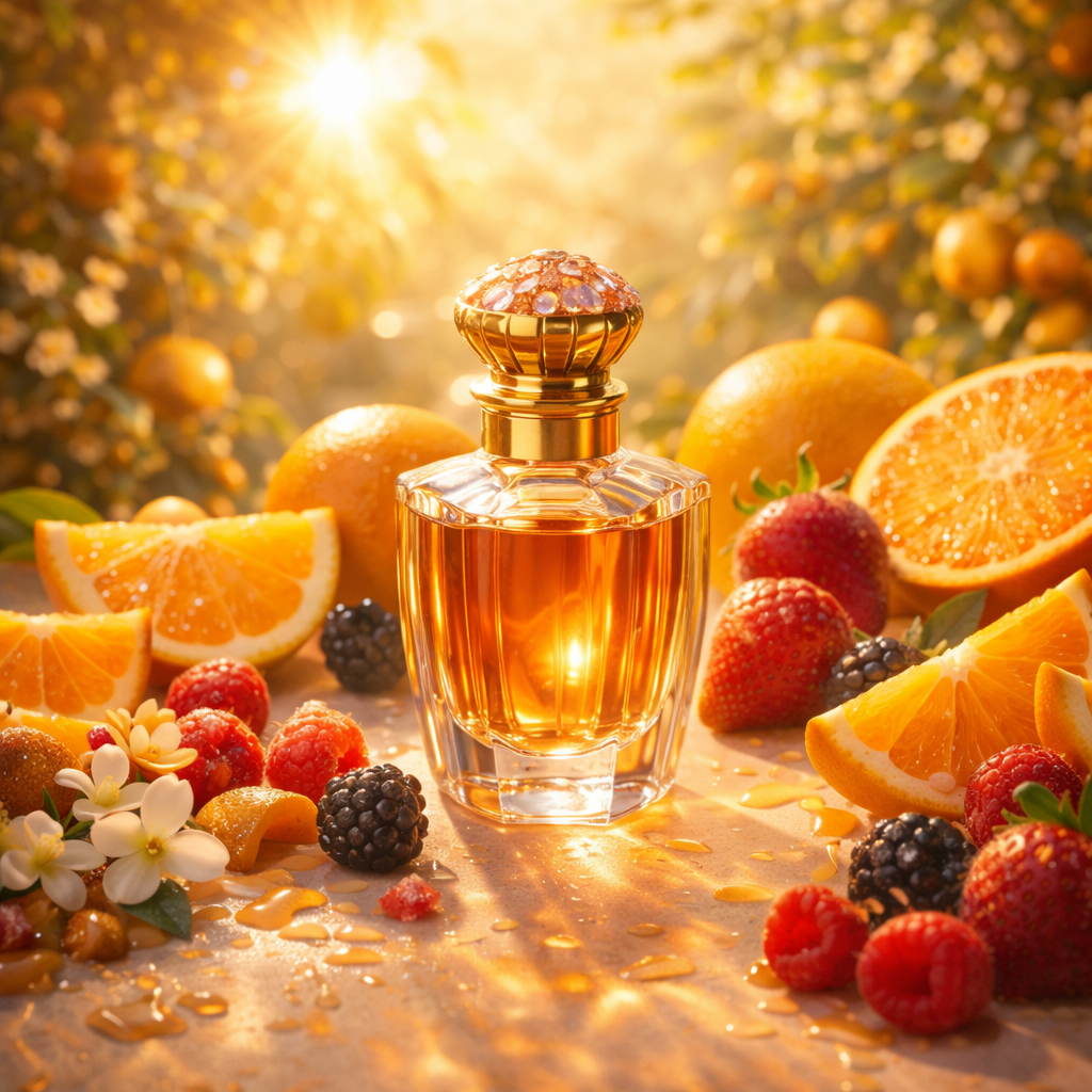 Perfume bottle surrounded by fruits and berries with a sunlit background
