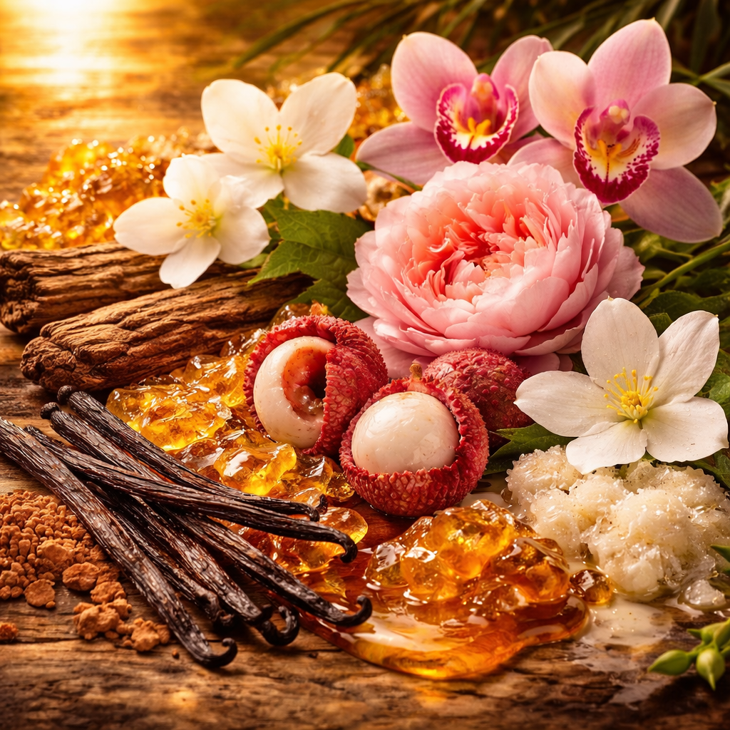 Spices, flowers, and fruits on a wooden surface with a warm glow
