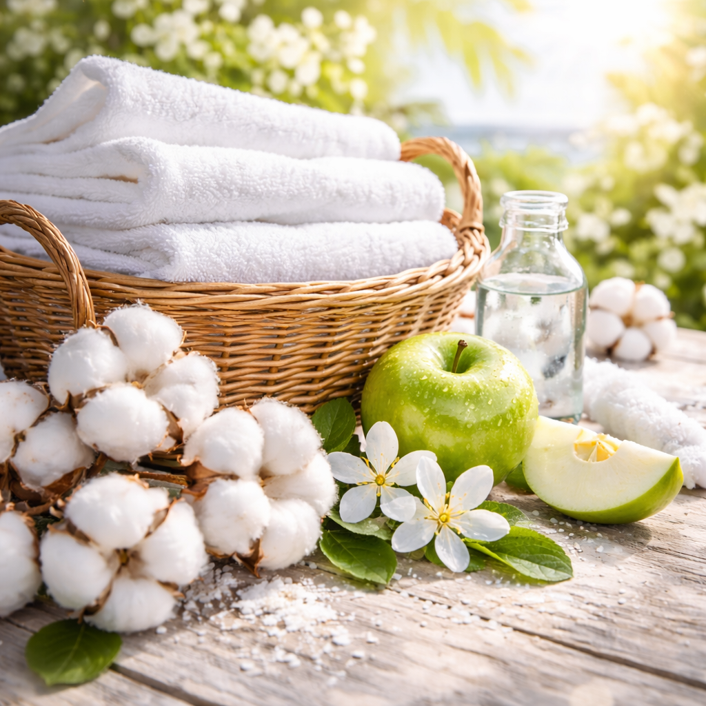 Line dried linen, cotton buds, orange blossoms, and apples on a wood surface 