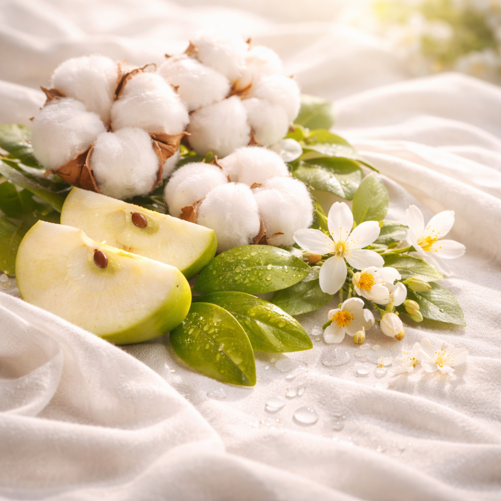 Cotton bolls, green apples, and flowers on a white fabric background