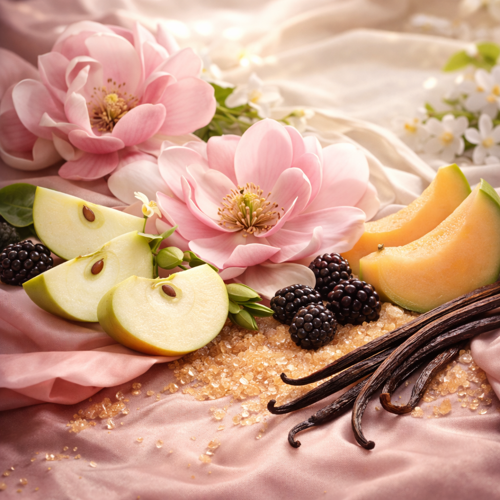 Fragrant flowers, sliced apples, blackberries, cantaloupe, and vanilla beans on a pink fabric background.