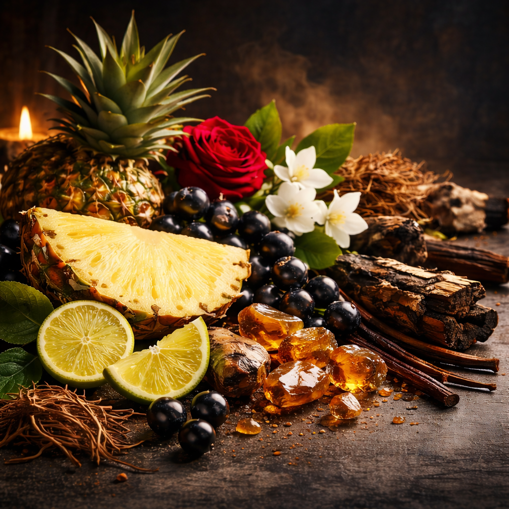 Decorative still life with pineapple, limes, blackberries, vanilla beans, and flowers on a dark background.