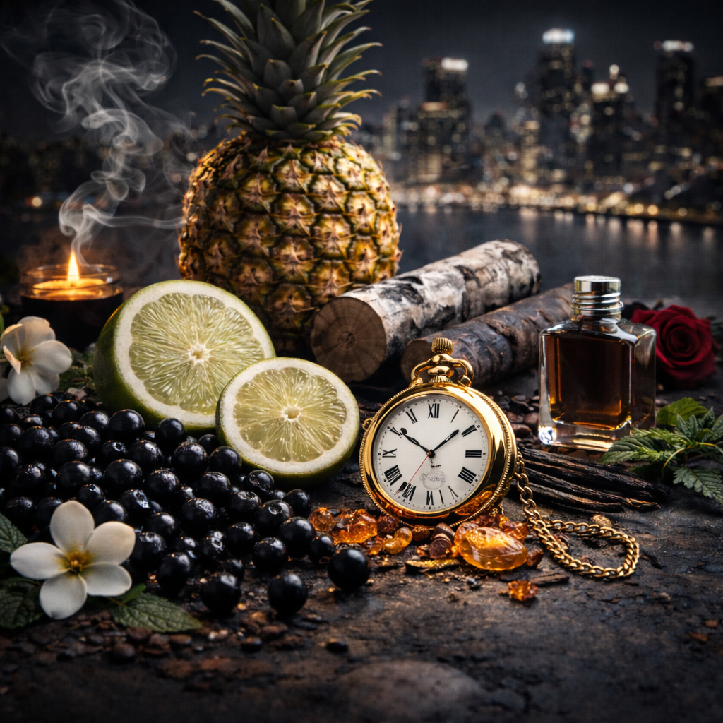Vintage pocket watch, pineapple, limes, blackberries, and a bottle of whiskey on a dark surface with a cityscape background.