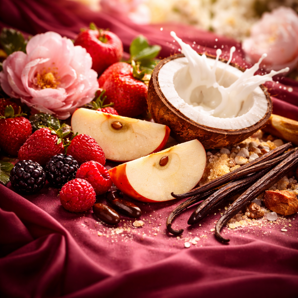 Coconut, berries, apples, vanilla beans, and a splash of milk on a red fabric background.