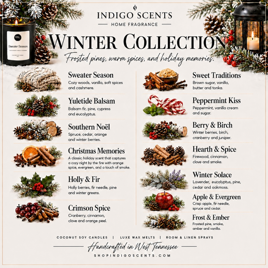 A promotional graphic for the 'Winter Collection' by Indigo Scents, showcasing a curated list of 12 holiday and winter-themed fragrance oils with corresponding illustrations. The layout features a dark background with warm candlelight, pinecones, pine branches, and festive foods like cinnamon rolls and peppermint candy.