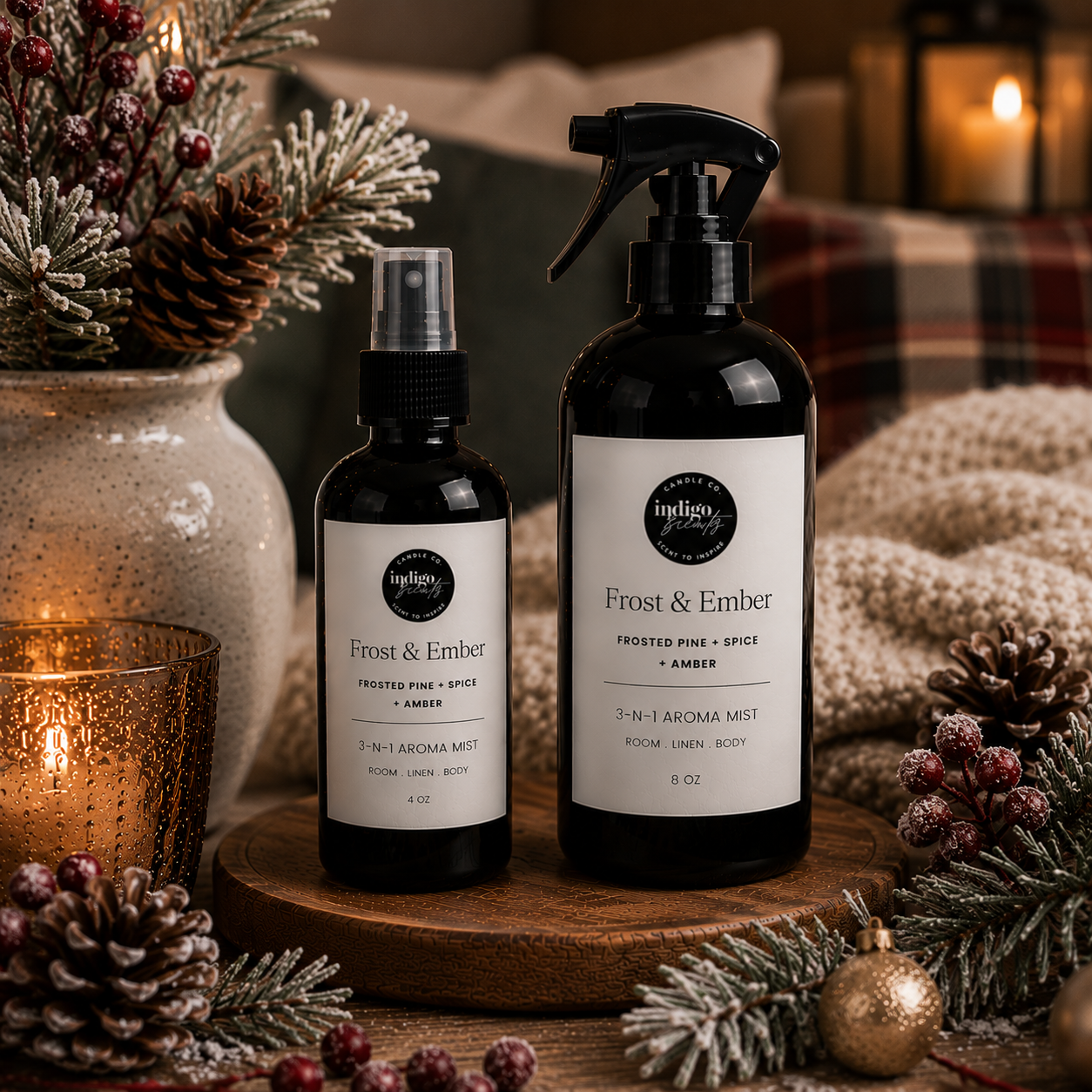 Two frosted glass fragrance bottles from The Artful Apothecary, one spray bottle and one mist bottle, labeled 'Frost & Ember' in a cozy holiday setting with pinecones, candles, and a plaid blanket.